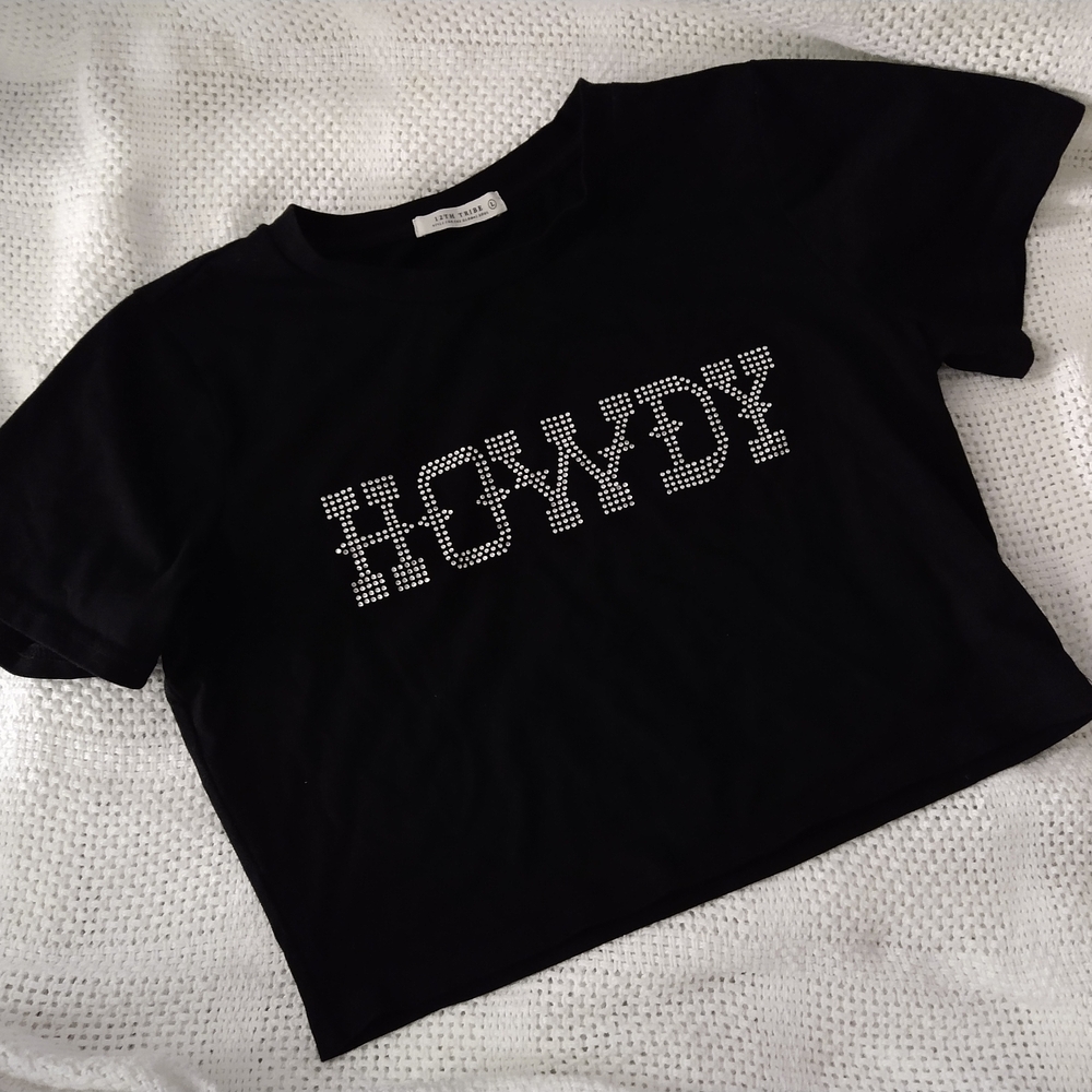 12th Tribe Black Rhinestone Studded HOWDY Crop Top Tee- Women's Large Shirt